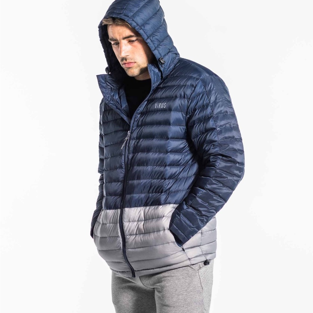 Virus Men's Blue and Gray Puffer Jacket size large